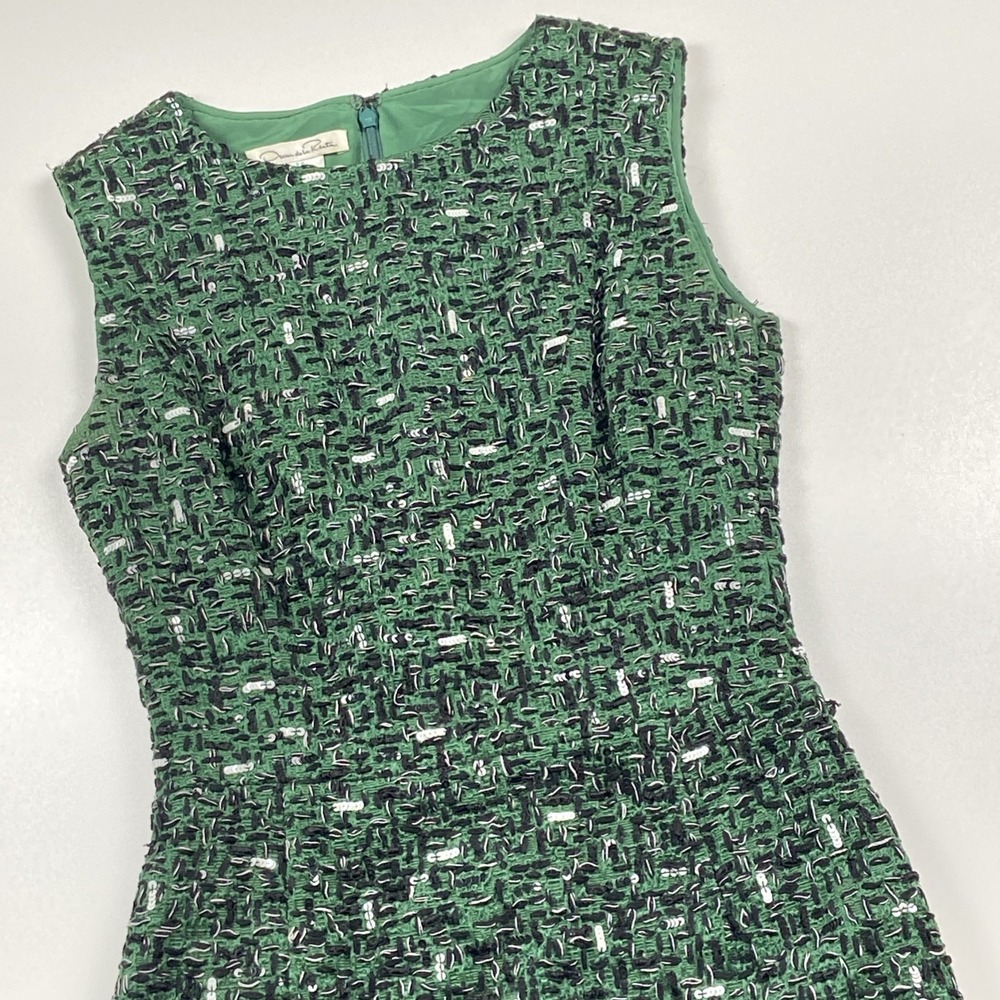 Vtg Oscar de la Renta Tweed Sequin Dress Size 6 Green Multi Silk Lined USA Made